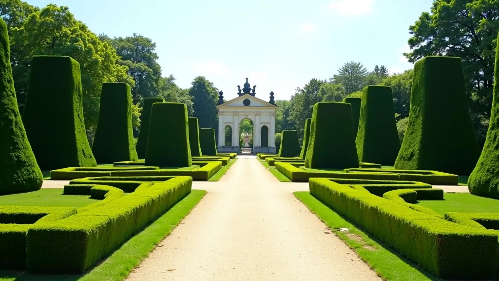 Formal French garden section with geometric hedgerow patterns and ornamental statues