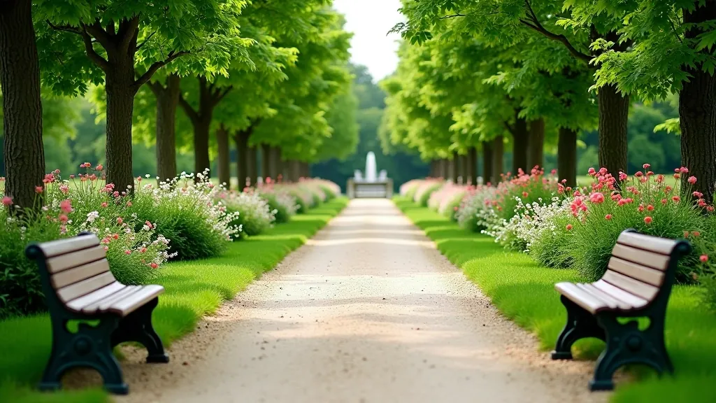 Peaceful garden pathway lined with flowering shrubs and stone benches for resting