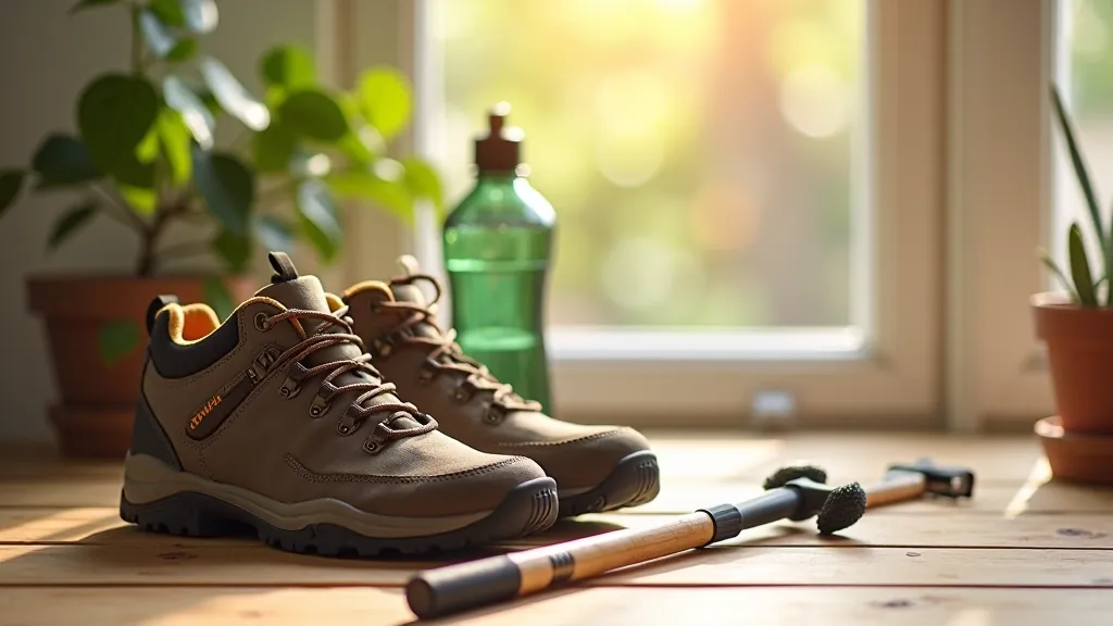 Comfortable walking shoes placed on a natural stone surface next to a water bottle and walking stick