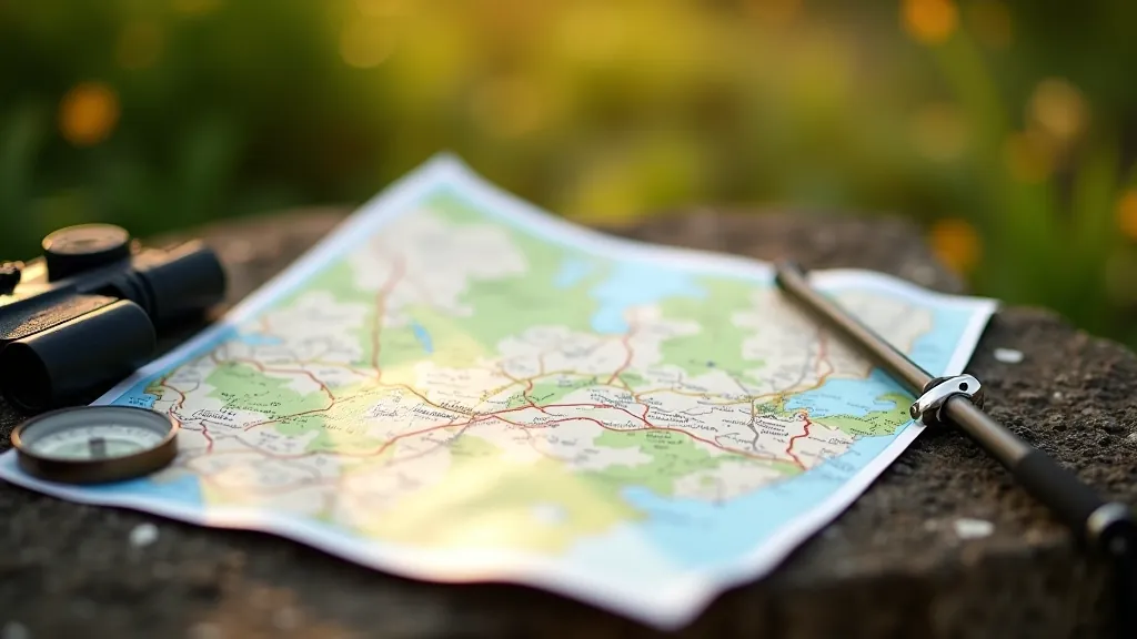 Detailed hiking map with compass and walking stick on outdoor surface