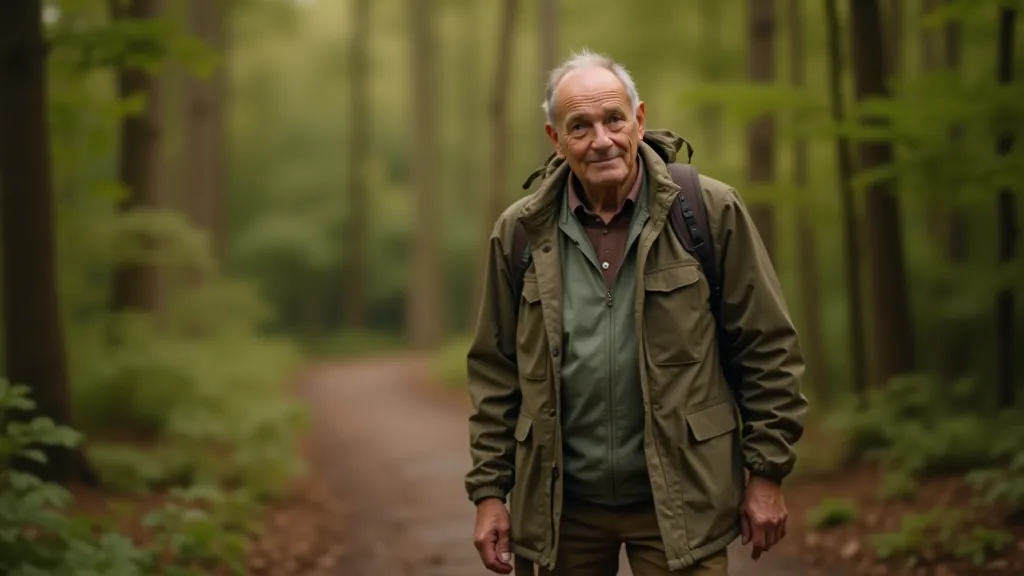 Older adult in proper hiking gear standing confidently on a forest path, wearing supportive shoes and bright weather-appropriate clothing