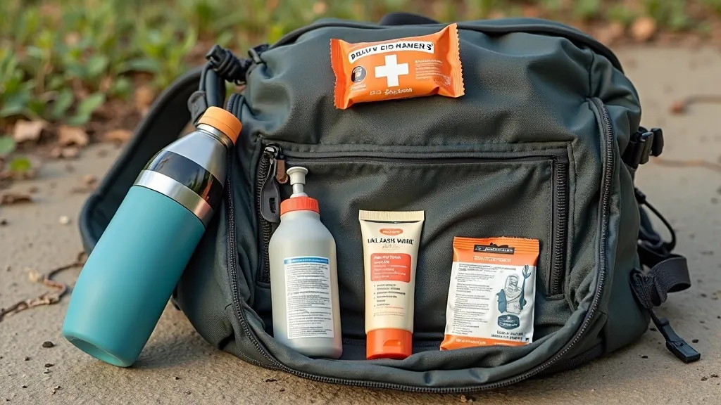 Backpack contents organized including water bottle, snacks, first aid kit, and sun protection