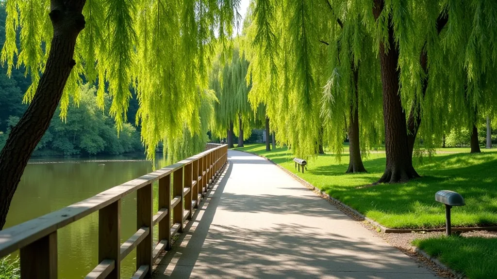 Paved riverside pathway lined with trees and a wooden railing, calm water visible to one side