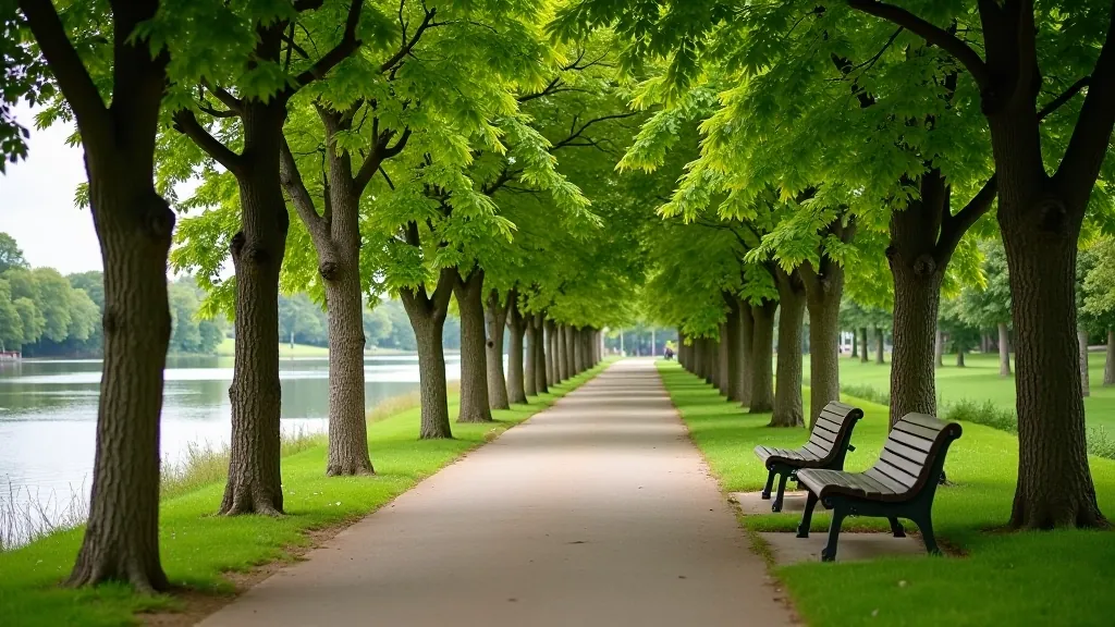 Scenic riverside path with water visible through trees and benches positioned along the walking trail