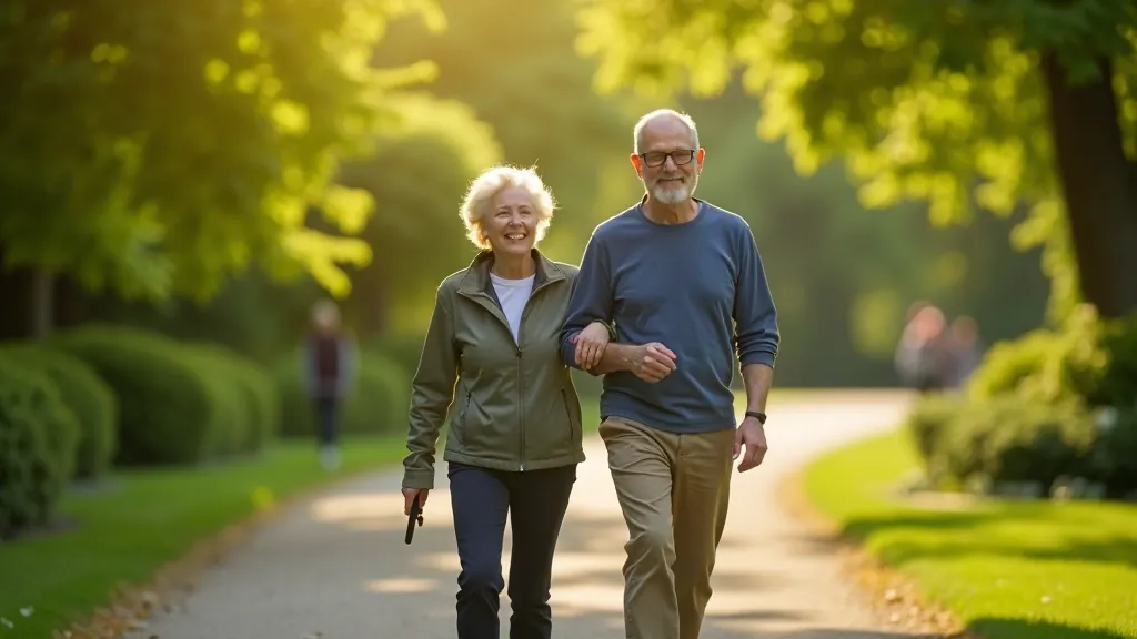 Senior couple walking through lush green gardens with historic palace architecture visible in background