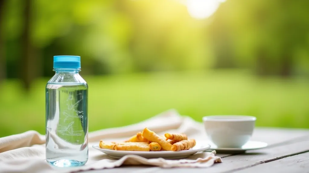 Water bottle and healthy snacks on a picnic blanket, with hiking gear in the background