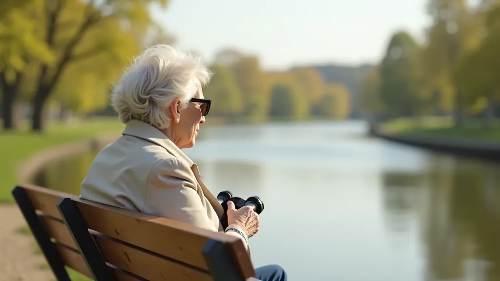 Woman aged 65 seated on a wooden bench overlooking a peaceful river, wearing comfortable clothing and holding binoculars, natural riverside setting